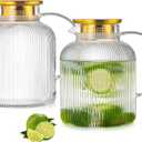 2 Liter 68 Ounces Glass Pitcher with Lid and Spout, Large Vertical Stripes Water Pitcher ribbed Borosilicate Glass Fridge Water Carafe for Cold Brew, Coffee, Lemonade, Sun Tea,Heat Resistant (Clear)