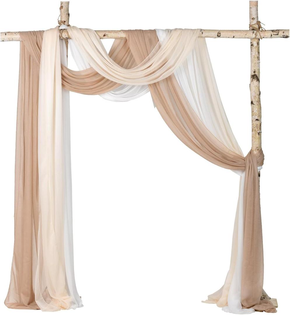 Lvydec 3 Panels Wedding Arch Draping Fabric, 30" x 20ft Mixed Color Chiffon Fabric Drapery Sheer Backdrop Curtain for Wedding Ceremony Party Decoration (Elegant Neutral) (White, Cream and Light Brown)