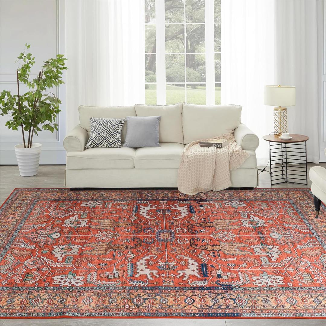 Syalife 9x12 Area Rugs - Washable, Low Pile, Non-Slip for Living Room, Bedroom, Dining Room and Home Office - Non-Shedding Carpet, Coral Red