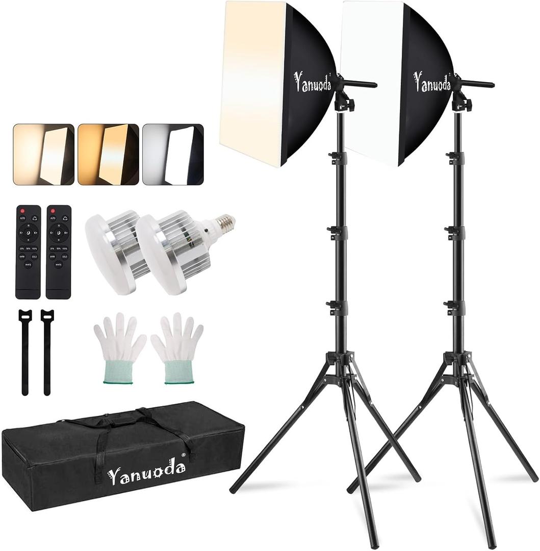 16x16'' Softbox Lighting Kit 2 Pack with 95W LED Bulbs, Remote Control, CRI97 Studio Lights for Photography Video Recording YouTube TikTok Zoom Streaming