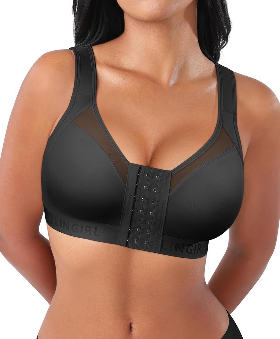 FeelinGirl Front Closure Post Surgery Compression Bra with Adjustable Straps Wireless Breast Augmentation Post Op Bras (XX-Large, Black)