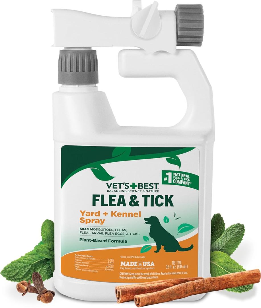 Vet's Best Flea and Tick Yard and Dog Kennel Spray, Mosquito Repellent with Certified Natural Oils, Plant Safe with Ready-to-Use Hose Attachment, Flea and Tick Prevention for Dogs, 32 oz