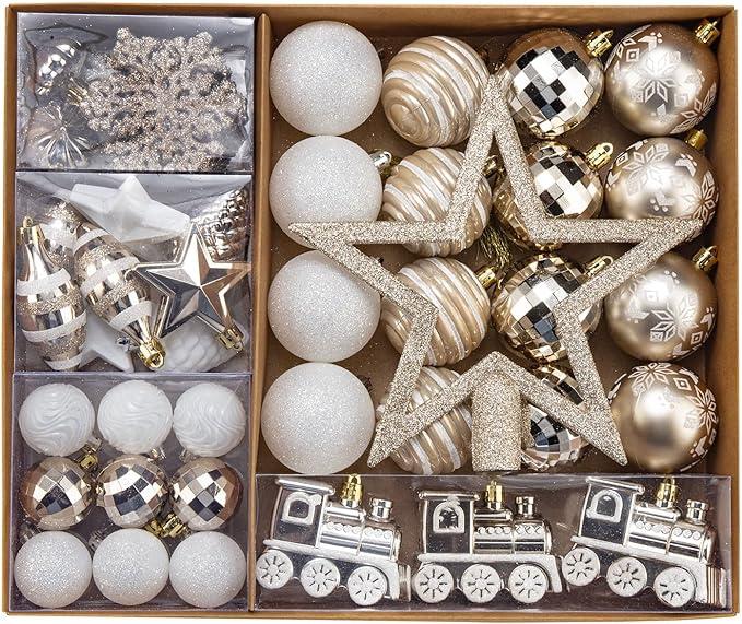 SVNVIOZ Christmas Ball Ornaments Set, 55ct 60mm Elegant Champagne Assorted Xmas Tree Ball Ornaments, Shatterproof Christmas Tree Hanging Ornaments for Xmas Decoration
