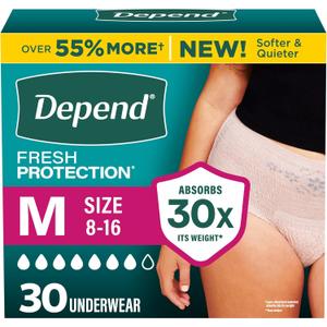 Depend Fresh Protection Adult Diapers, Incontinence Underwear for Women, Disposable, Maximum, Medium, Blush, 30 Count