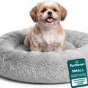FurHaven 23" Calming Donut Dog Bed for Small Dogs & Cats, Round Plush Donut Design with Soft Filling for Snuggling Comfort, Removable Washable Cover, Small, Shaggy Faux Fur, Mist Gray