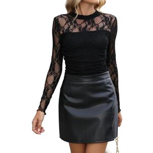 Womens Sexy Mesh Long Sleeve Shirts Fashion Clothing Turtle Necks Sheer Ruched Going Out Tops Fall Outfits Slim Fit Blouses (Small, Lace Black One)