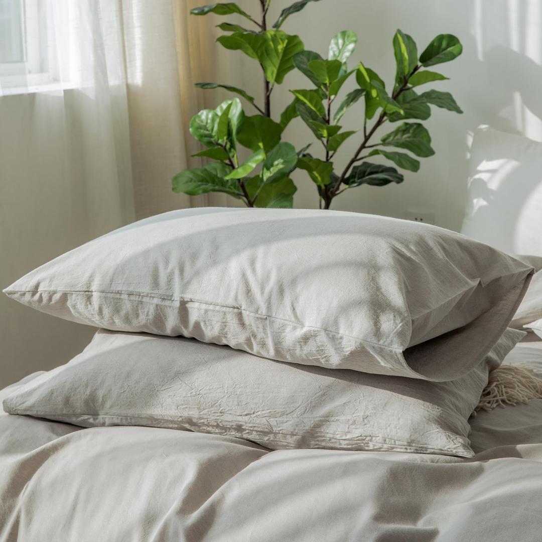 MooMee Bedding Pillowcases Pack of 2 100% Washed Cotton Linen Like Textured Breathable Durable Soft Comfy (Pastel Grey, Queen)