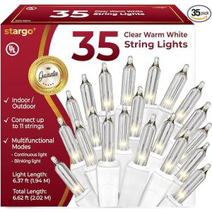 Clear Warm White Christmas Tree Lights - 6.3 ft String of 35 Incandescent Mini Bulbs Multifunctional Lighting Modes, for Decorative, Bedroom, Outdoor, Xmas Twinkle Lights with White Wire Total 6.6 ft