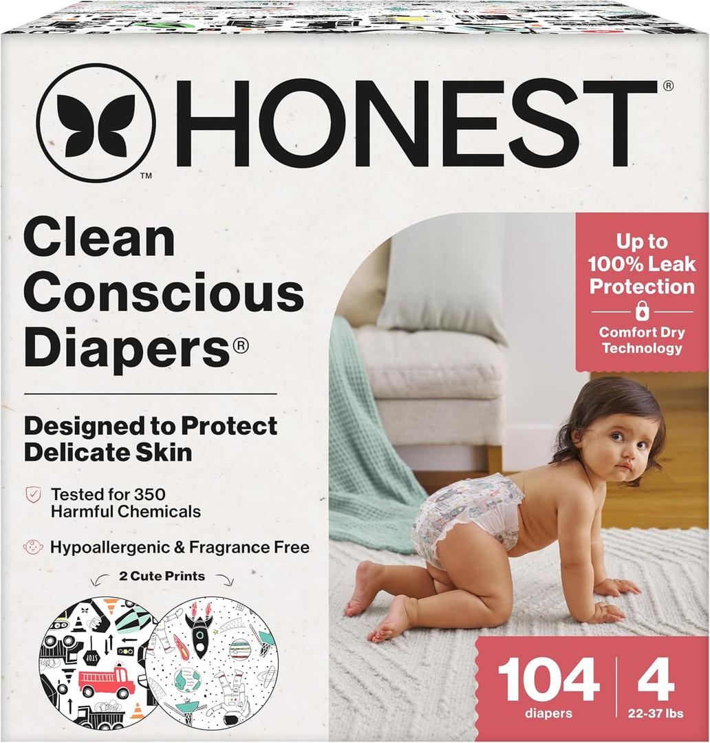 The Honest Company Clean Conscious Diapers for Delicate Skin | Up to 100% Leakproof | Hypoallergenic, Fragrance Free | Gender Neutral | Super Club Box, Size 4 (22-37 lbs), 104 Count (Prints May Vary) (Space Travel + Big Trucks)