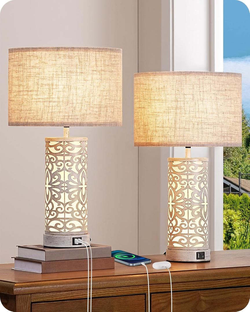 EDISHINE 21.65" Farmhouse Table Lamp Set of 2, Touch 3-Way Dimmable Vintage Nightstand Lamp with A+C USB Ports, Bedside Lamp with Night Light Base for Living Room, Bedroom