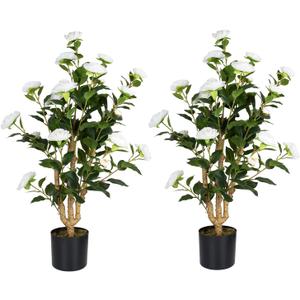 Artificial Camellia Tree 2 Pack, 38 Faux Camellia Plant in Pot with White Flowers, Greenery Potted Plant for Indoor Outdoor Office Home Porch Decor, White (3FT)