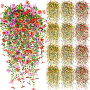 Hoteam 12 Pack Artificial Hanging Flowers Plants for Outdoors 30 Inch UV Resistant Fake Plastic Faux Artificial Plants Bulk for Planter Porch Patio Yard Garden Wedding Wall Indoor