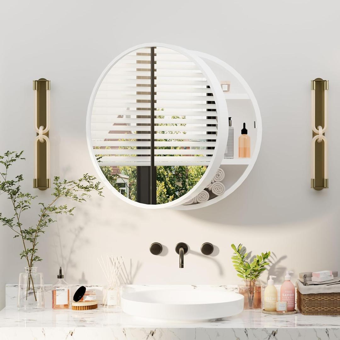 Round Medicine Cabinet Mirror, Bathroom Mirror Wall Cabinet with Storage and Shelf, Surface Wall Mounted,Arched Cabinet Makeup Vanity Mirror for Bedroom, White (Medicine Cabinet-wh)