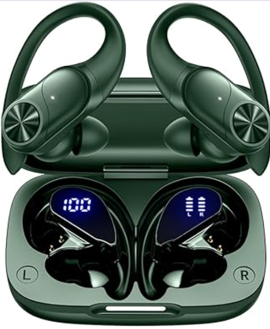 PocBuds Bluetooth Headphones Wireless Earbuds 80hrs Playtime Wireless Charging Case Digital Display Sports Ear Buds with Earhook Deep Bass IPX7 Waterproof Over-Ear Earphones for TV Phone Laptop Olive