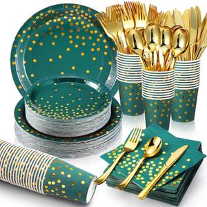 Sieral 560 Pcs Dark Green and Gold Party Supplies for 80 Guests Disposable Dinnerware Sets Green Paper Plates Napkins Cups Gold Plastic Forks Knives Spoons for Wedding Birthday Graduation Party
