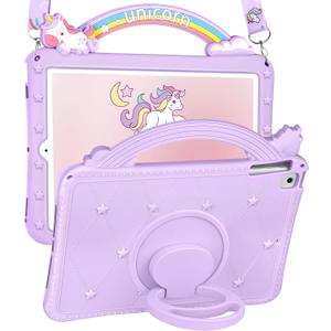 Wazzasoft iPad Case for 6th/5th Generation (2018/2017), Air 1st/2nd Gen, Pro 9.7 (2016) - Girls Cute Cartoon Girly Kawaii Design Silicone Cover With Rotating Stand & Strap 1-Purple, for iPad 5th/6th/Air 1st/Air 2nd/Pro 9.7"