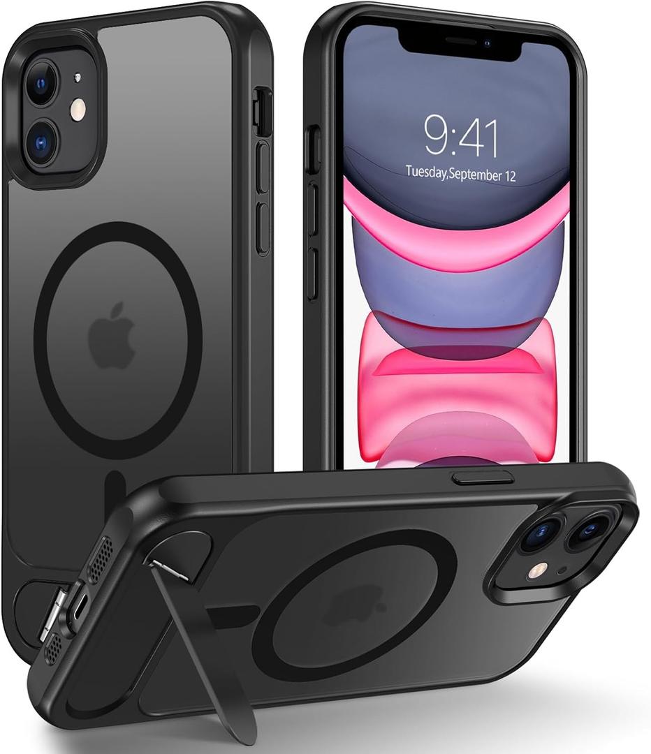 DUEDUE for iPhone 11 Case Magnetic with Stand[Compatible with Magsafe], Military-Grade Drop Protection Metal Kickstand Cover Shockproof Phone Case for Apple iPhone 11 6.1", Black