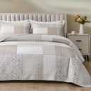 Chezmoi Collection Quinn 2-Piece Neutral Taupe Gray White Floral Hibiscus Flower Candy Stripe Patchwork Quilt Set - Pre-Washed Cotton Coverlet - Lightweight Reversible Bedspread, Twin Size