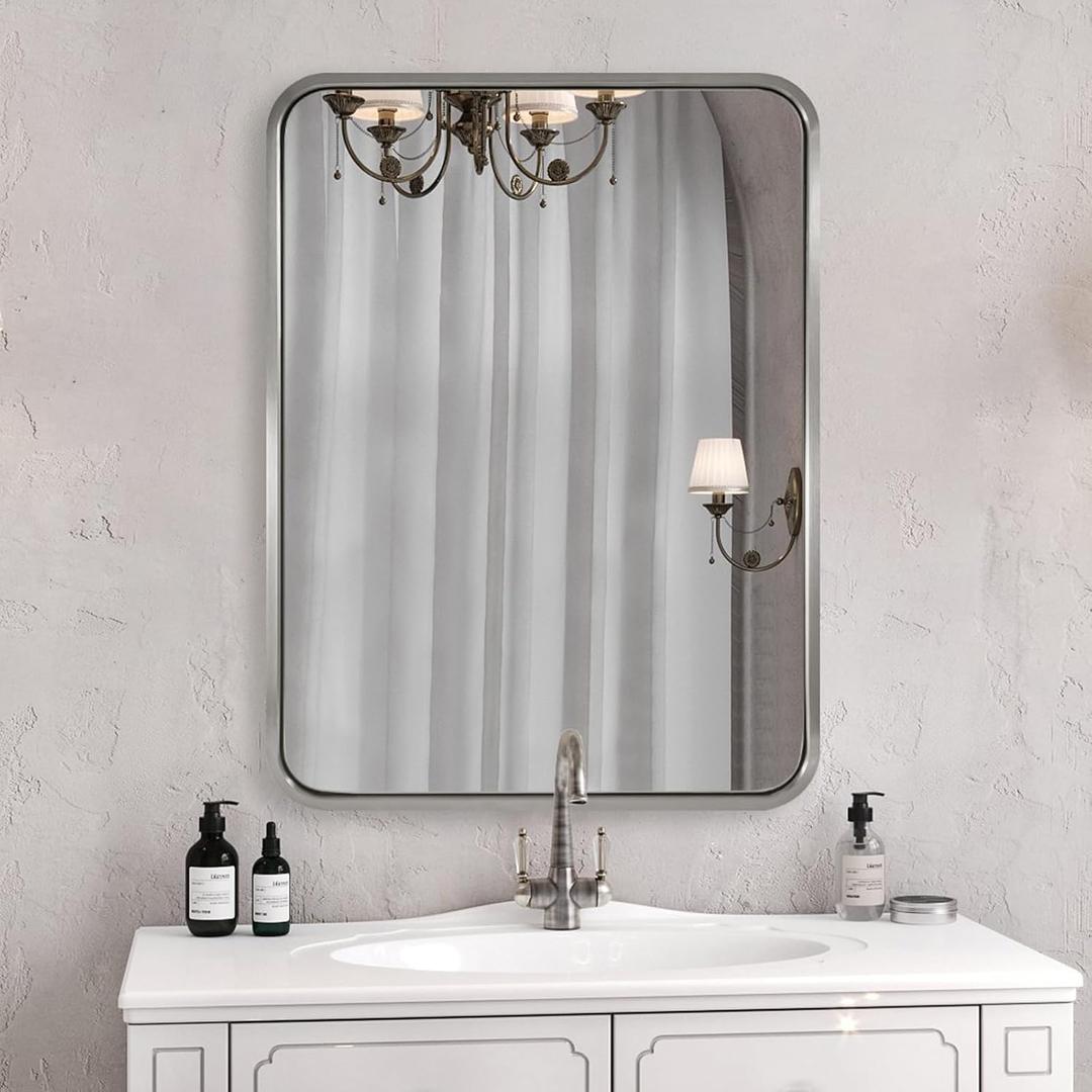 ANDY STAR 28x36 INCH Brushed Nickel Mirror, Rounded Rectangle Brushed Silver Metal Framed Mirrors for Bathroom Anti-Rust SUS304, Tube Metal Frame, 1’’ Deep Wall Mounted Vertically/Horizontal