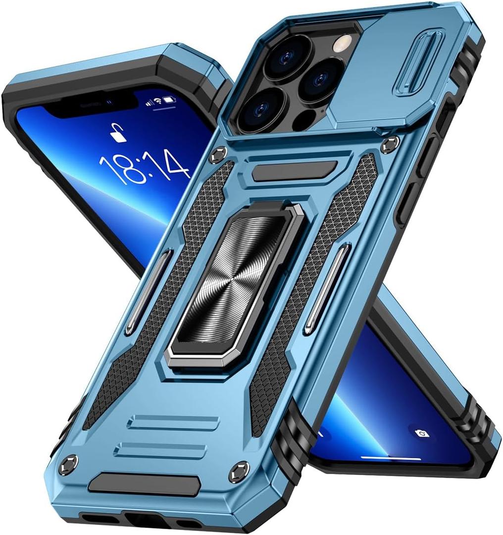 For iPhone 13 Pro Case with Stand, Slide Camera Cover, Military-Grade Matte Back Slim Fit Shockproof Protective Cover Compatible with iPhone 13 Pro, Working with Magnetic Car Mounts, Blue 5.10