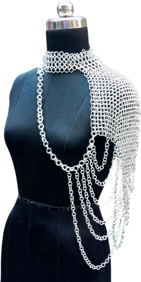 Medieval Aluminium Chainmail Shoulder Armor for Women Single Shoulder Pauldron Cape Lightweight 10mm 16 Gauge Butted Rings Cosplay, LARP & Renaissance Costume Accessory Women Top