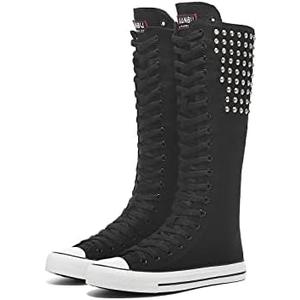 Momuk Women's Knee High Lace Up Sneakers Side Zip Canvas Shoes Fashion Dancing Mid Calf Boots, 7.5