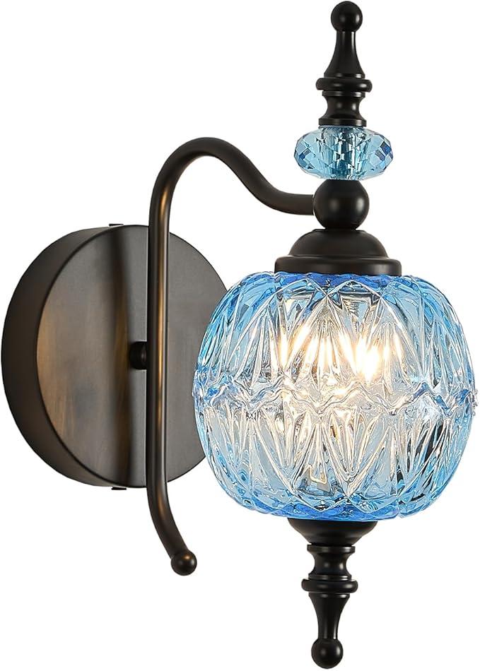 Vintage Wall Sconces with Black Finish Bathroom Blue Wall Light Fixtures with Crystal Glass Shade for Bedroom Living Room Kitchen Hallway