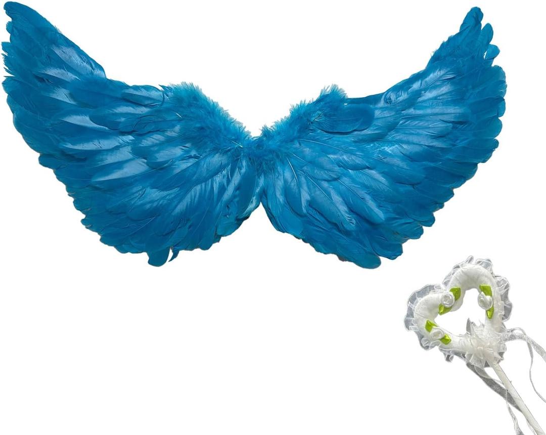 Creative Angel Feather Wings with Elastic Straps (Blue+fairy Wand)