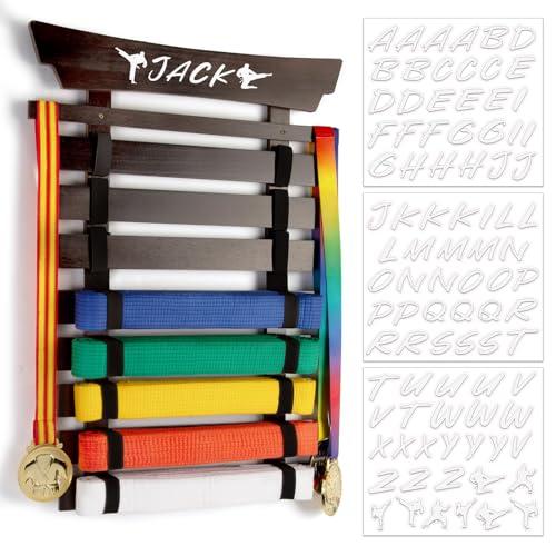 Winartton 8 Belts Karate Belt Display Rack with Stickers, Martial Arts Belt Display Holder, Taekwondo Belt Jiu Jitsu Belt BJJ Belt Karate Belt Display Hanging Holder for Adults