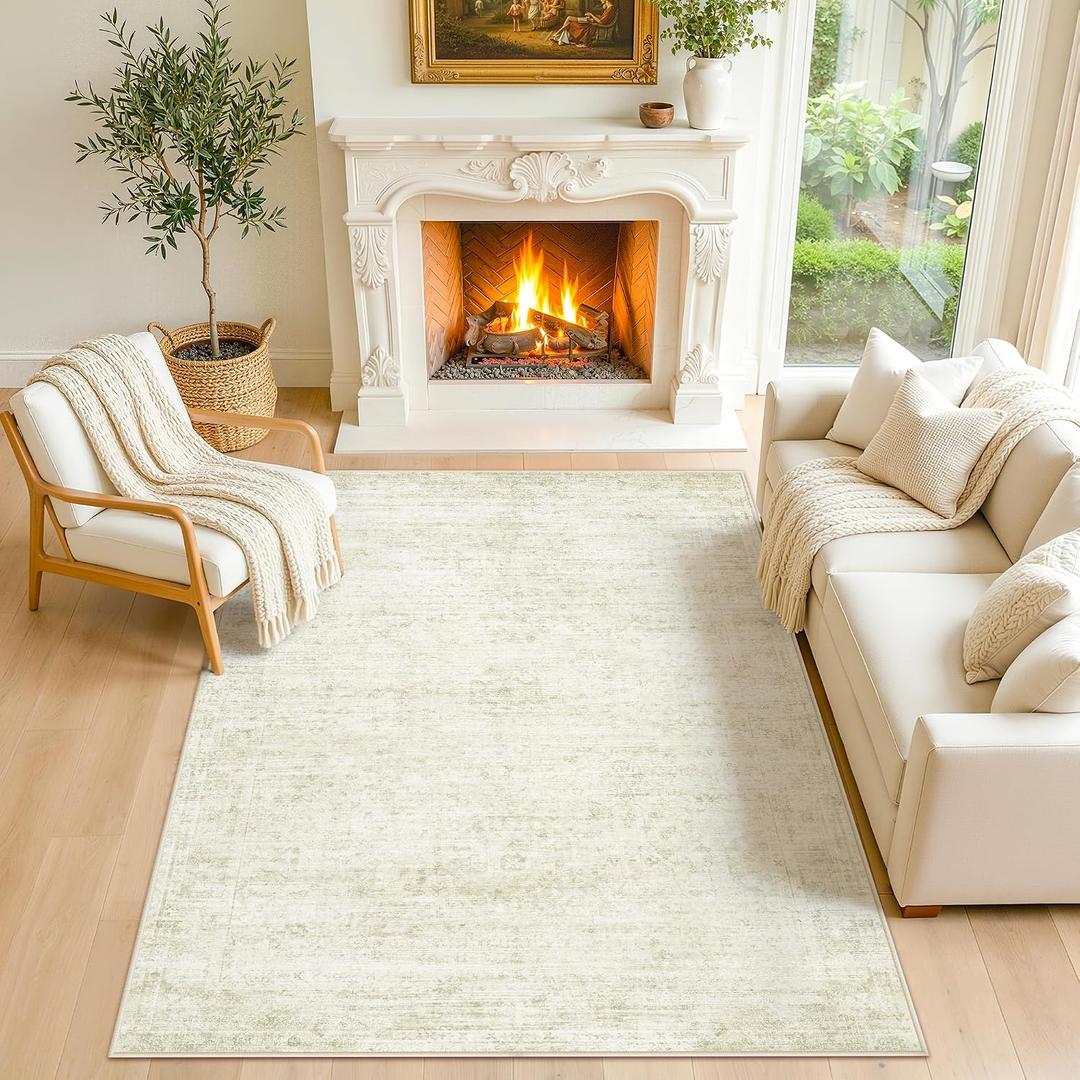 LIVELYGLOW 5x7 Washable Area Rug for Living Room Bedroom, Retro Printed Traditional Vintage Rug, Non-Slip Foldable Large Carpet for Dining Room Home Decor, Beige