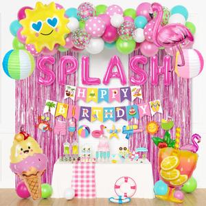 Summer Pool Beach Party Decorations, Splash Birthday Bash Party Supplies Tropical Summer Banner Beach Ball Lantern Fringe Curtain Foil Balloons Arch for Girls Swimming Luau Hawaiian Party Decor(Pink)