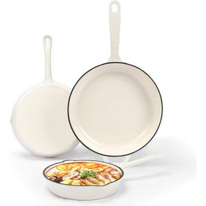 Nonstick Enameled Cast Iron Cookware - 3 enameled cast iron skillet 8-Inch, 9.5" Frying Pan & 11-Inch Large Cookware, Healthy Non Toxic Cooking Pan, PFOA PFAS PTFE Free, White
