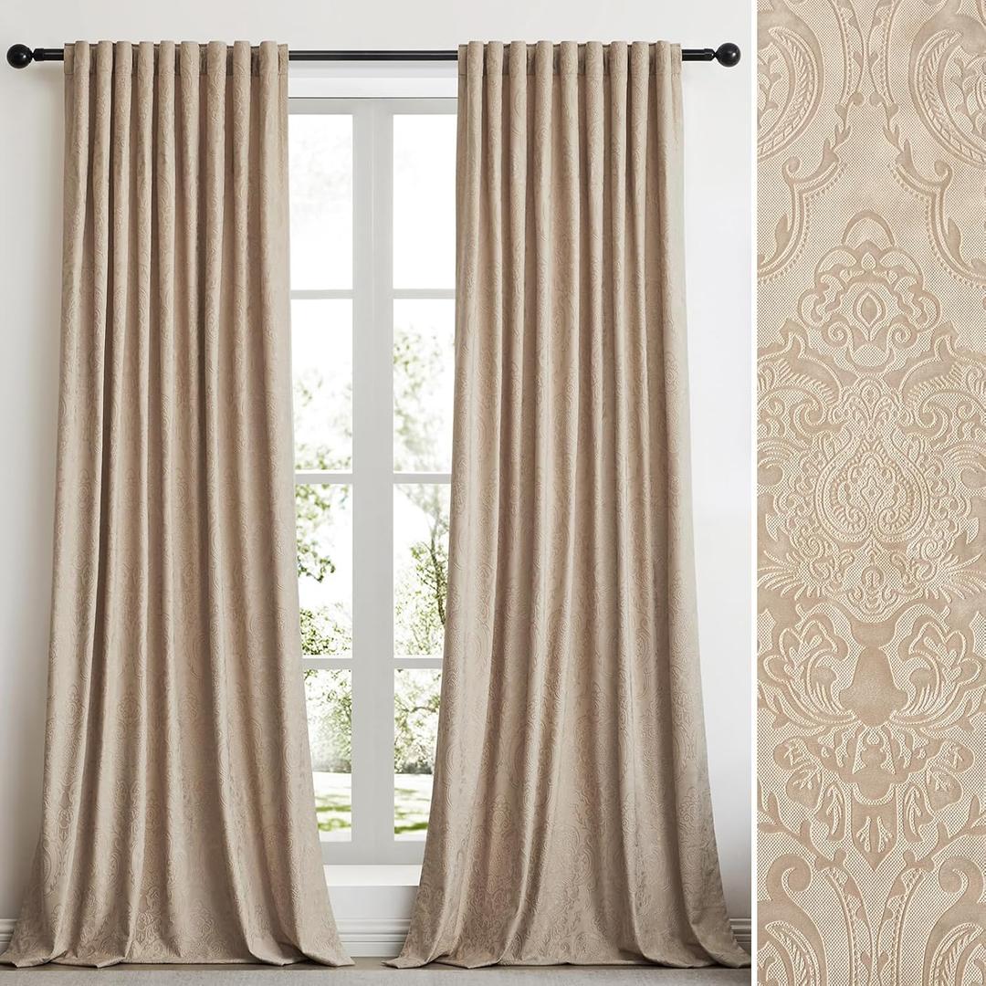 GIGIZAZA Beige Velvet Curtains 84 Inch Long for Living Room,2 Panels Luxury Vintage Drapes Floral Embossed Blackout Window Curtain Back Tab Thermal for Bedroom (Champagne)