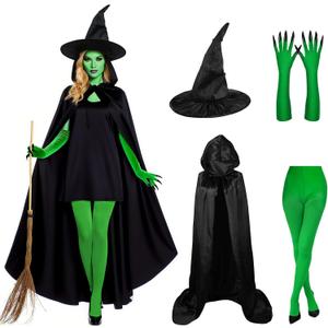 Witch Costume for Women Halloween Cosplay with Hooded Cape Witch Hat Gloves Socks Cosplay Props Party Outfits (180 cm)