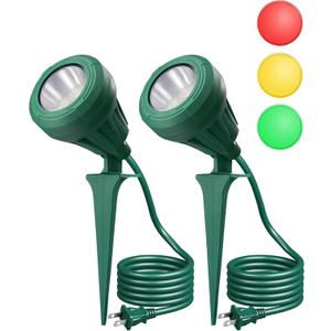EDISHINE LED Outdoor Spotlights, 120V 5.5W Plug in Spot Light with 3 Lenses (Red Green Yellow), 180 Rotatable, 5000K, Waterproof Landscape Lighting for Flag Tree Garden, 2 Pack