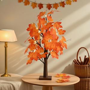 Fall Tree with Lights - 24 LED Lights, Falls Decor 24 Inch Battery or USB Powered Autumn Maple Tree Decor - 48 Maple Leaves for Indoor and Outdoor Fall Decoration Party Gifts