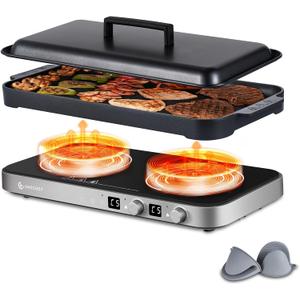 AMZCHEF Double Induction Cooktop, 1800W 2 Burner with Griddle Pan, Grey
non-stick removable griddle pan; ceramic glass surface; 2 independent cooking zones; 9 power levels; 99-min timer; child lock