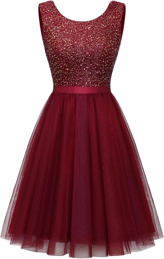 BeryLove Women's Short Sequin Party Dress Sleeveless Boat Neck Prom Wedding Homecoming Dresses for Teens Cocktail Evening Dresses S002 Burgundy XL