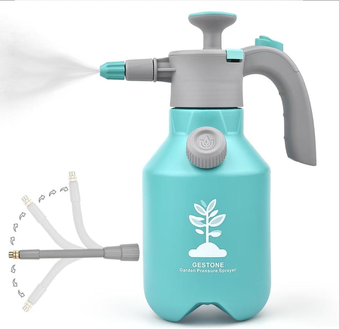 GESTONE Garden Hand Pump Sprayer 1/ 2 Gallon Pump, 68 Oz Handheld Pressure Sprayer with Safety Valve, Adjustable Nozzle, 360° Extended Spray Rod, Ideal for Plants Watering, Fertilizing, Cleaning