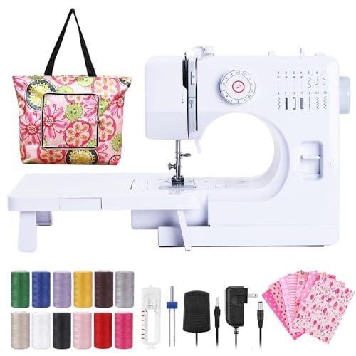 Dechow Sewing Machine for Beginners, Electric Mini Portable, 14 Built-in Stitches with Reverse Sewing, 2 Speeds Double Thread with Foot Pedal, Storage Bag, Cotton Fabric and Threads- Extension Table