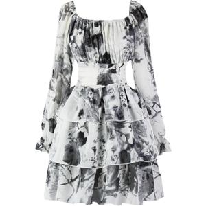 OBBUE Women's Summer Dress Tie Back Square Neck Aline Long Sleeve Layered Swing Mini Dresses, S