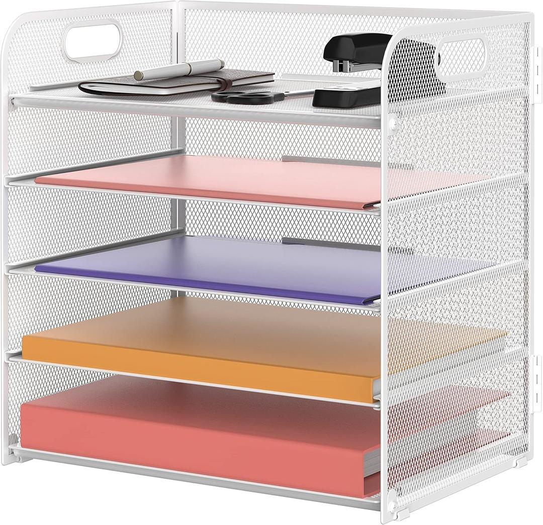 Supeasy 5 Trays Paper Organizer Letter Tray with Handle-Mesh Desk File Organizer, Paper Sorter Desk Organizer for Office, Home or School (White)
