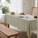 Linen Tablecloth with Tassels, Farmhouse Style Green Tablecloth, Water Resistant Burlap Tablecloths for Rectangle Table, 52x70 Inch Green