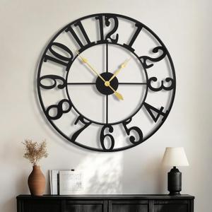 HAITANG 24 Inch Large Wall Clock for Living Room Decor, Black Metal Silent Non Ticking Battery Operated Modern Vintage Decorative Clock for Bedroom