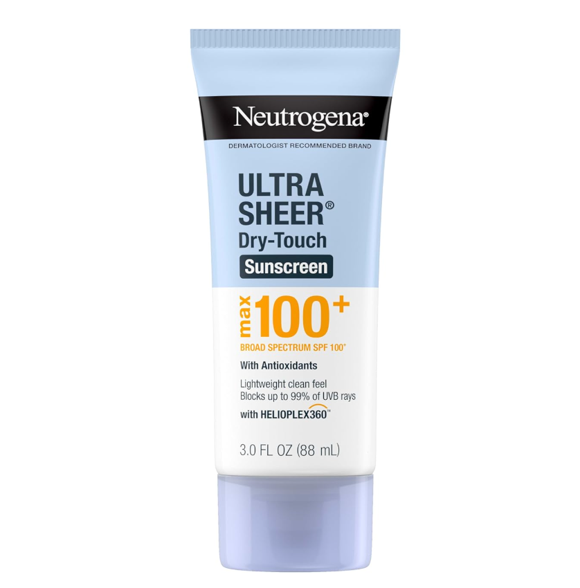 Neutrogena Ultra Sheer Dry-Touch Sunscreen Lotion, Max 100+ Broad Spectrum SPF 100 UVA/UVB Protection, Lightweight, Non-Greasy Sunscreen, Oxybenzone-Free, Antioxidant, Travel Size, 3 fl oz