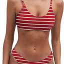 Fanuerg Women's Ribbed Bikini Sets Scoop Neck Cheeky Swimsuit Textured Two Piece Bathing Suit (Red White Stripes, Large)