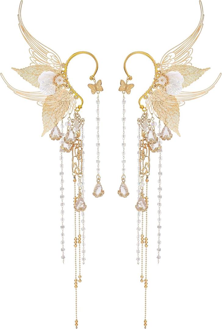 FRESHME Butterfly Elf Ear Cuffs - Fairy Ear Cuffs with Tassel Ear Wrap Earrings Non Piercing Renaissance for Women Adult