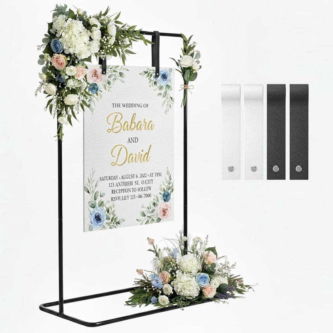 Wedding Welcome Sign Stand, Welcome to our Wedding Sign Holder, Black Easel Stand for Sign Poster With Leather Sign Hanging Straps, Linen Sign Stand for Wedding Decor