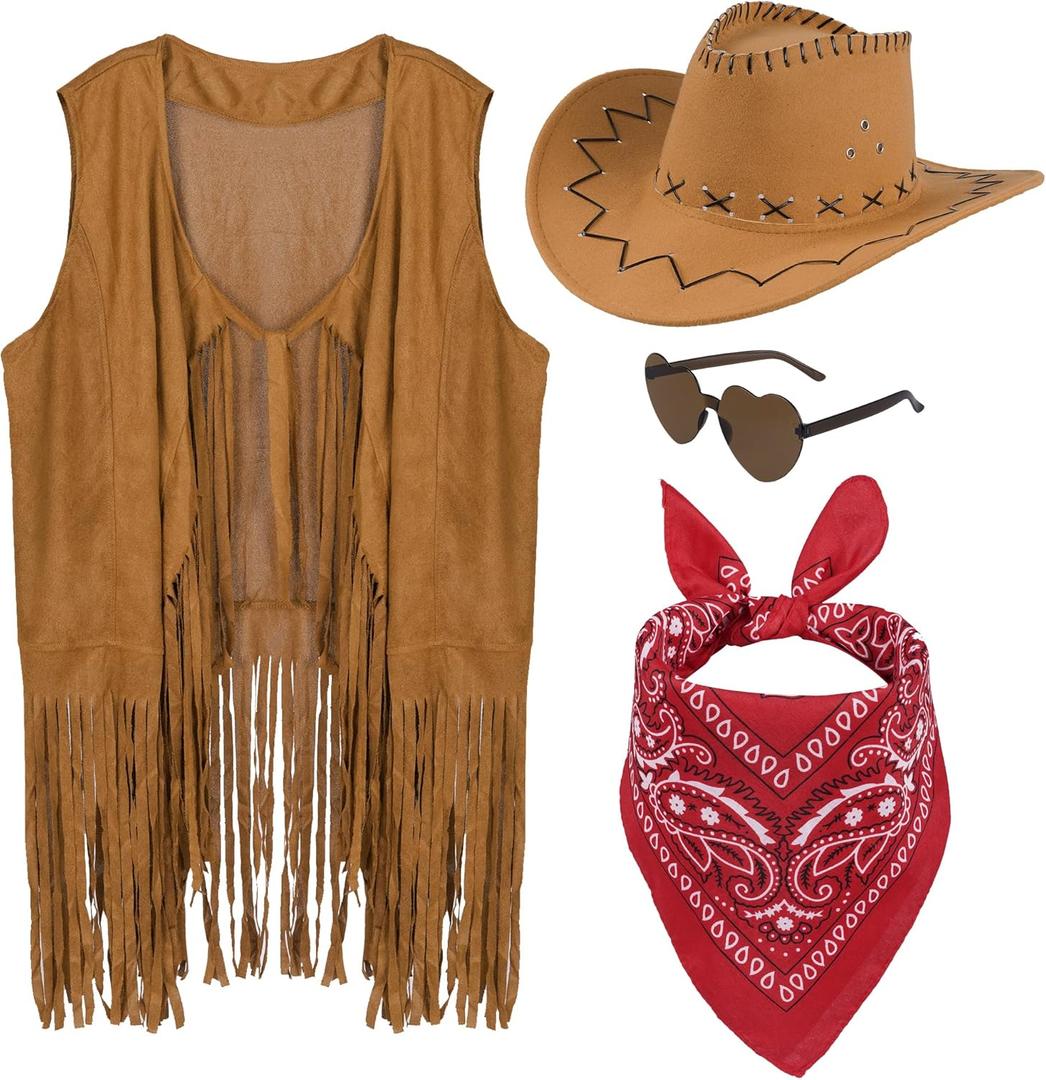 choyaxo Western Cowgirl Outfits Set Including Fringe Vest Cowgirl Hat Heart Shaped Sunglasses and Bandana for Women Halloween (Large, Brown)