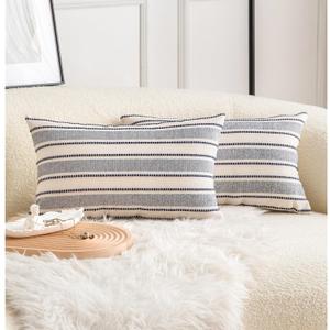 Decorative Boho Lumbar Throw Pillow Covers, Farmhouse Textured Pillow Case, 12 x 20 Inch Set of 2, Chair Sofa Bedroom Living Room Decor Couch Cushion Case, Navy Blue and Beige